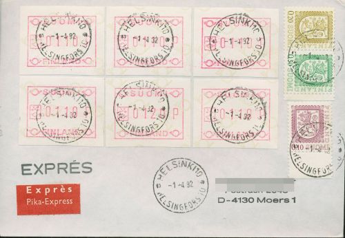Finnland ATM 1982 kl. Posthörner, FDC ATM 1.1 auf Express-Brief (X80556)