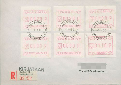 Finnland ATM 1982 kl. Posthörner, FDC ATM 1.1 auf Einschreiben (X80557)
