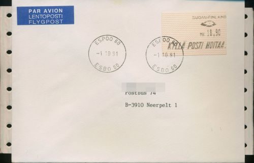 Finnland Automatenmarke 1991 auf Luftpostbrief ATM 10.1 Z 1 FDC (X80568)