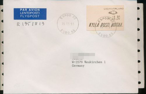 Finnland Automatenmarke 1991 auf Einschreiben ATM 10.1 Z 1 R-Brief (X80569)
