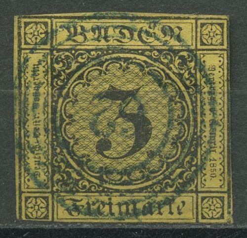 Baden 1851 3 Kreuzer auf orangegelb 2 a mit Nr.-Stpl. 62 blau HORNBERG