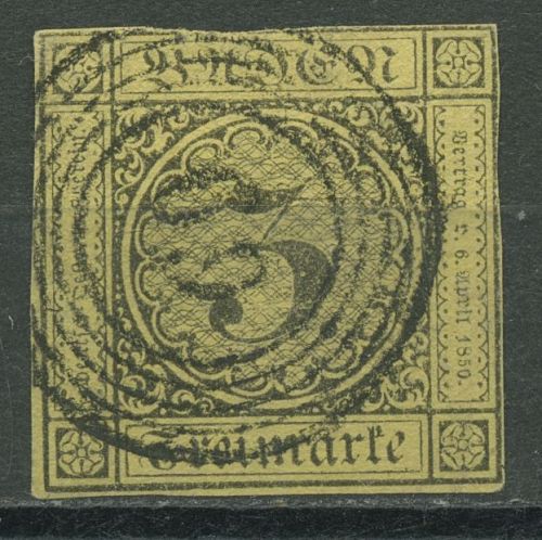 Baden 1851 3 Kreuzer auf gelb 2 b mit Nr.-Stpl. 60 HILZINGEN