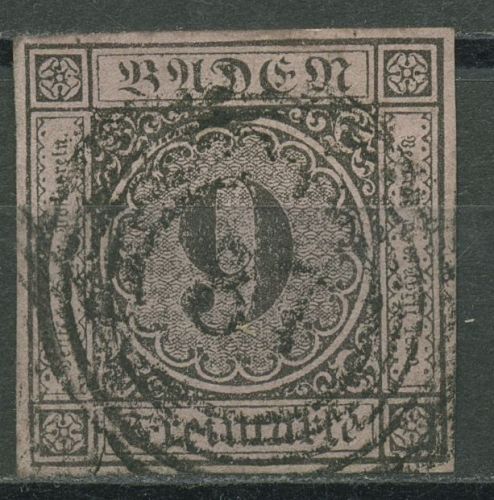 Baden 1851 9 Kreuzer auf rötlichkarmin/lilarosa 4 b gestempelt