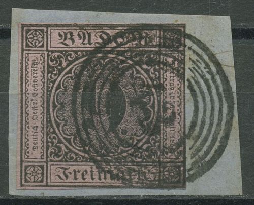 Baden 1851 9 Kreuzer auf rötlichkarmin/lilarosa 4 b mit NR.-Stpl. 43 FREIBURG