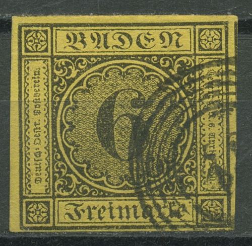 Baden 1853/54 6 Kreuzer schwarz auf gelb 7 gestempelt