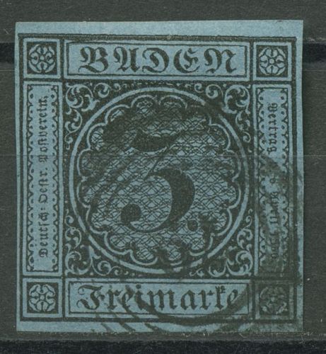 Baden 1858 3 Kreuzer schwarz auf blau 8 gestempelt