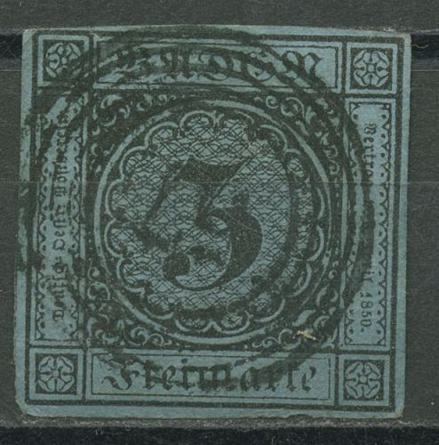 Baden 1858 3 Kreuzer schwarz auf blau 8 gestempelt, kleiner Fehler
