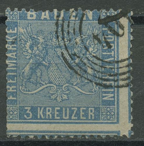 Baden 1860/61 3 Kreuzer lebhaftpreußischblau 10 a gestempelt, kleiner Fehler