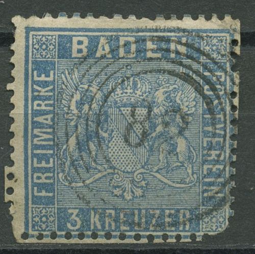 Baden 1860/61 3 Kreuzer lebhaftpreußischblau 10 a gestempelt, Mängel