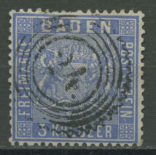 Baden 1860/61 3 Kreuzer ultramarin 10 b gestempelt, Zahnfehler