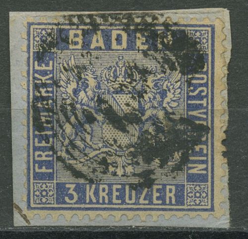 Baden 1860/61 3 Kreuzer veilchenblau 10 c gestempelt Briefstück, kl. Fehler