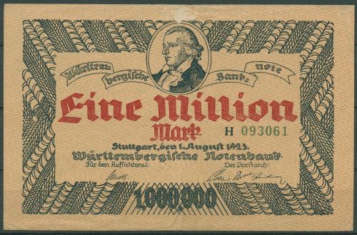 Württembergische Notenbank 1 Mio Mark 1923 Schiller, WTB-18 gebraucht (K1587)