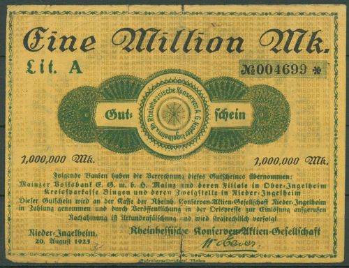 Nieder-Ingelheim Konserven-AG 1 Mio Mark 1923, Keller 3915 b, gebraucht (K1616)