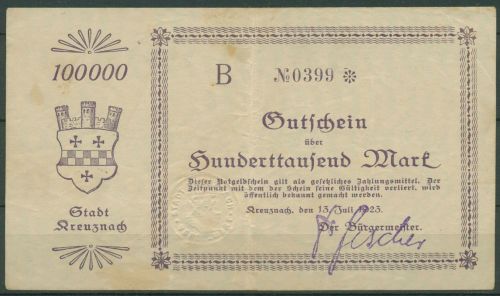 Kreuznach 100000 Mark 1923, Keller 2812 a, gebraucht (K1620)