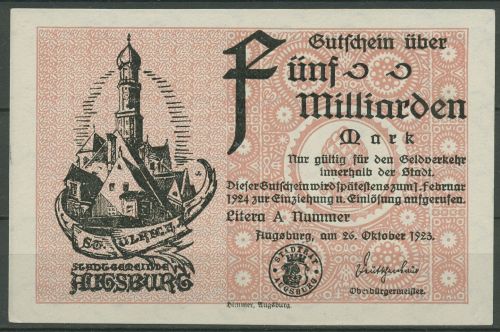 Augsburg 5 Milliarden Mark 1923, Keller 195 a, kassenfrisch (K1624)