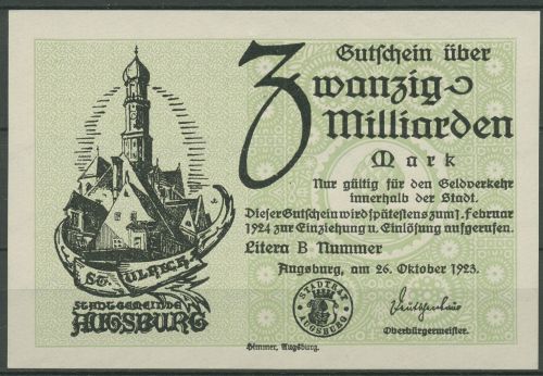 Augsburg 20 Milliarden Mark 1923, Keller 195 a, kassenfrisch (K1625)