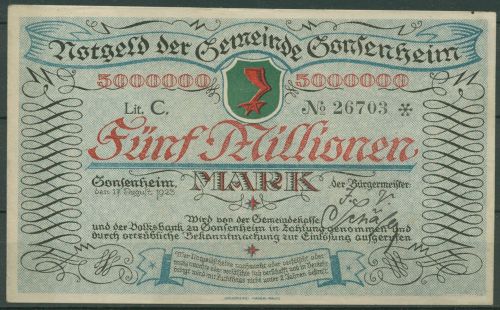 Gonsenheim 5 Millionen Mark 1923, Keller 1850, fast kassenfrisch (K1632)