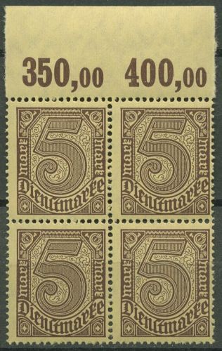 Dt. Reich Dienst 1920 Platte Oberrand D 33 a P OR 4er-Block postfrisch