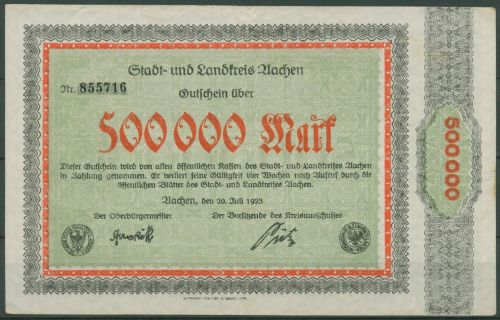 Aachen Stadt und Landkreis 500000 Mark 1923, Keller 1 b, gebraucht (K1636)