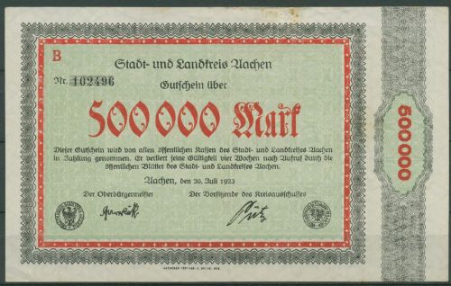 Aachen Stadt u. Landkreis 500000 Mark 1923 Serie B, Keller 1 b gebraucht (K1637)