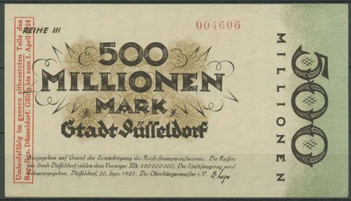 Düsseldorf Stadt 500 Millionen 1923, Keller 1150 dd, kassenfrisch (K1642)