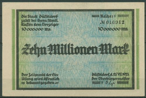 Düsseldorf Stadt 10 Millionen Mark 1923, Keller 1150 t, gebraucht (K1643)