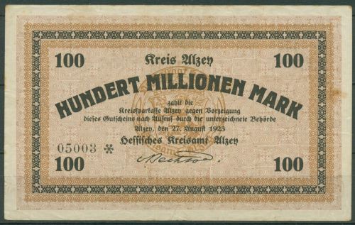 Alzey 100 Millionen Mark 1923, Keller 87 g, gebraucht (K1644)