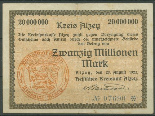 Alzey 20 Millionen Mark 1923, Keller 87 g, gebraucht (K1645)