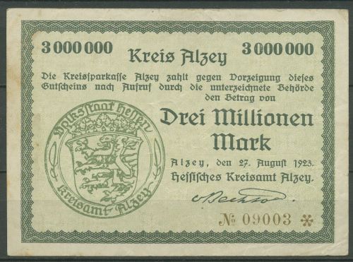 Alzey 3 Millionen Mark 1923, Keller 87 f, gebraucht (K1646)