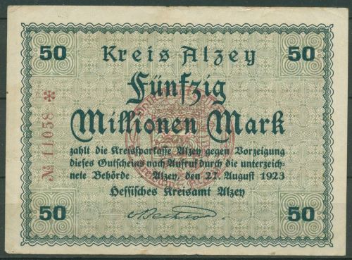 Alzey 50 Millionen Mark 1923, Keller 87 g, gebraucht (K1647)