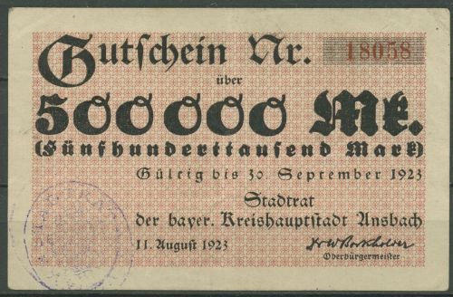 Ansbach 500000 Mark 1923, Keller 118 a, gebraucht (K1648)