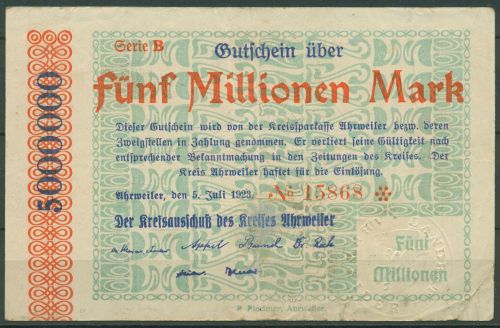 Ahrweiler 5 Millionen Mark 1923, Keller 28 a.43, gebraucht (K1649)