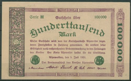 Ahrweiler 100000 Mark 1923, Keller 28 a.25, leicht gebraucht (K1654)