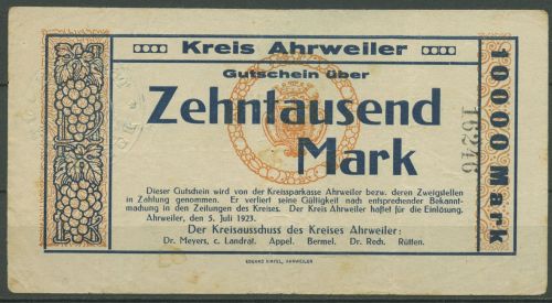 Ahrweiler 10000 Mark 1923, Keller 28 a.1, gebraucht (K1655)