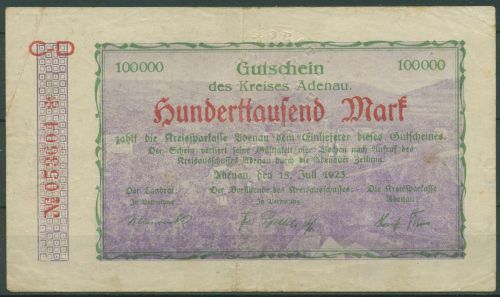 Adenau 100000 Mark 1923, Keller 13 a, gebraucht (K1656)