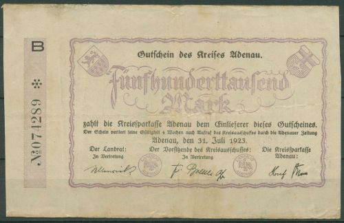 Adenau 500000 Mark 1923, Keller 13 g, gebraucht, Mängel (K1657)