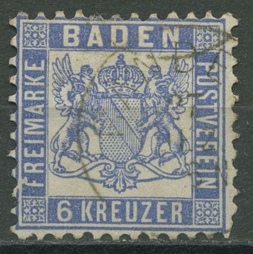 Baden 1862/66 6 Kreuzer ultramarin 19 a gestempelt, Zahnfehler