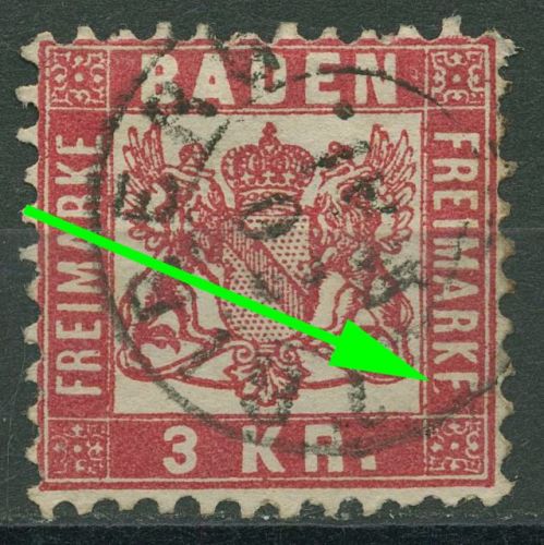 Baden 1868 3 Kreuzer mit Plattenfehler 24 PF ? gestempelt