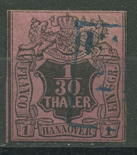 Hannover 1851 Wertschild unter Wappen 1/30 Th, 3 b gestempelt, angeschnitten