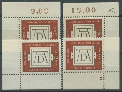 Bund 1971 500. Geburtstag von Albrecht Dürer 677 alle 4 Ecken postfrisch (E255)