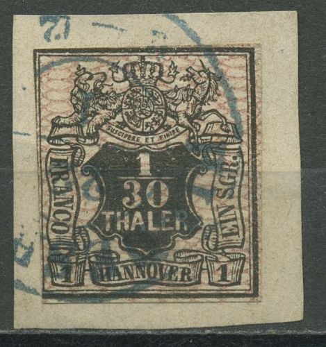 Hannover 1856 Wertschild Wappen 1/30 Th Netzunterdruck 10 a gestemp. Briefstück