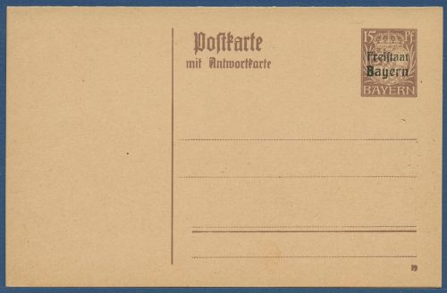 Bayern 1919 Freistaat Wappen Postkarte mit Antwort P 115/01 ungebraucht (X40965)