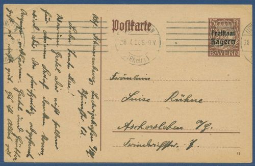Bayern 1919 Freistaat, Wappen Postkarte P 114 I/01 gebraucht (X40967)