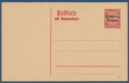 Bayern 1919 Volksstaat Postkarte mit Antwort P 106 ungebraucht (X40972)
