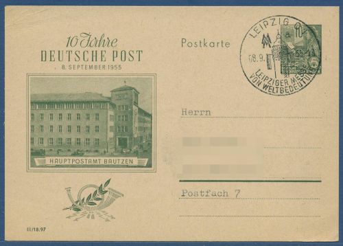 DDR 1955 Fünfjahrplan Sonderpostkarte 10 J. Dt. Post P 66 gebraucht (X40999)
