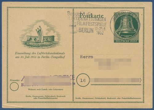 Berlin 1951 Luftbrückendenkmal Sonderpostkarte P 24 gebraucht (X41011)
