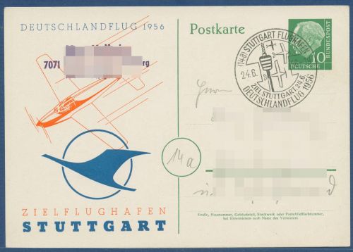 Bund 1956 Heuss Deutschlandflug, Privatpostkarte PP 8/7 gebraucht (X41039)