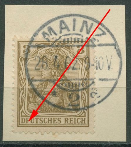 Deutsches Reich 1902 Germania mit Plattenfehler 69 I gestempelt, Briefstück