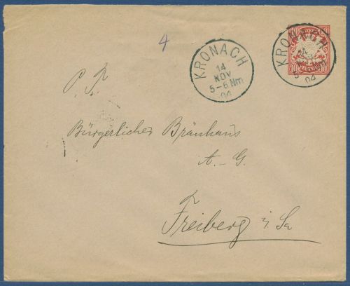 Bayern 1905 Wappen Privatumschlag Voitländer Kronach PU 11 B5 gebraucht (X41046)