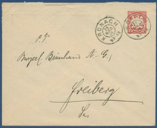 Bayern 1905 Wappen Privatumschlag Voitländer Kronach PU 11 B5 gebraucht (X41045)